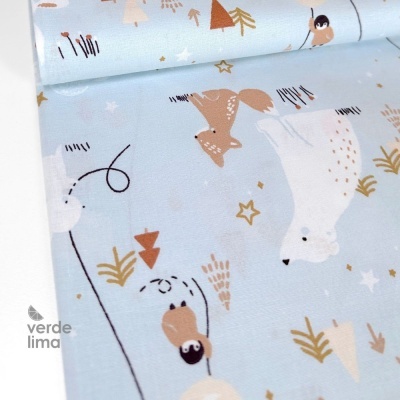 Tecido de Algodão - Winter Friends - Animais em fundo azul
