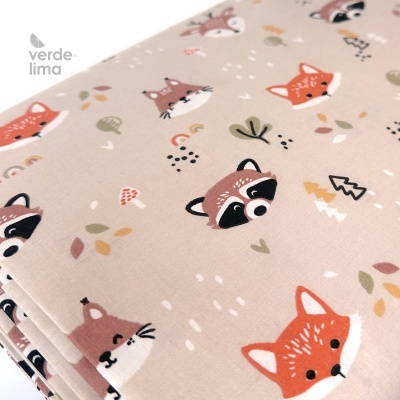 Tecido de Algodão - Animais do bosque fundo areia