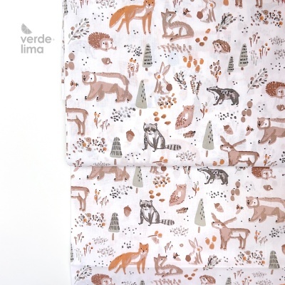Tecido de Algodão - Animais do bosque fundo branco