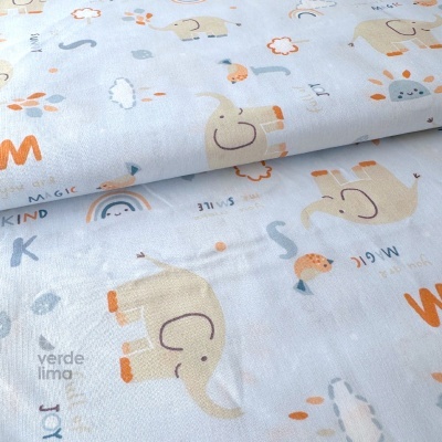 Tecido de Algodão - Animal Alphabet - Elefantes fundo azul