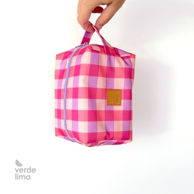 Necessaire box - Xadrez rosa e lilás