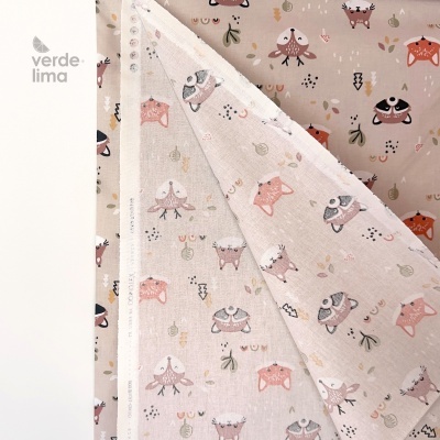 Tecido de Algodão - Animais do bosque fundo areia