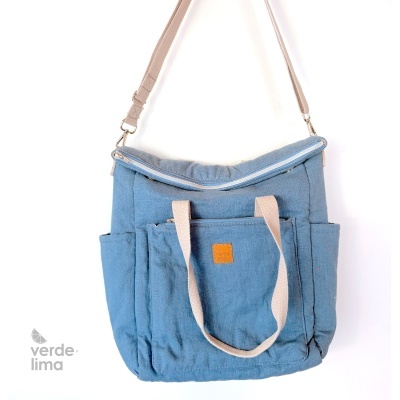 Mochila multiposições - linho liso azul ganga Mochila multiposições - linho liso azul ganga