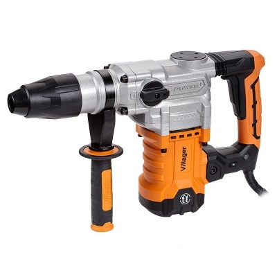 Martelo perfurador elétrico laranja e preto com punho adicional e corpo metálico prateado