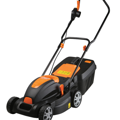 Corta-relva elétrico preto e laranja com rodas e pega