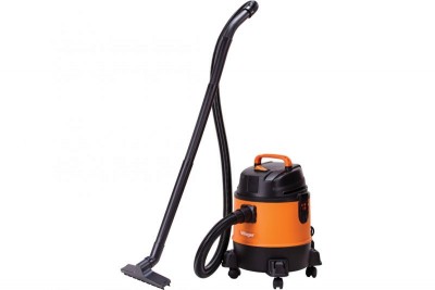 aspirador de pó industrial laranja e preto com tubo preto e rodas