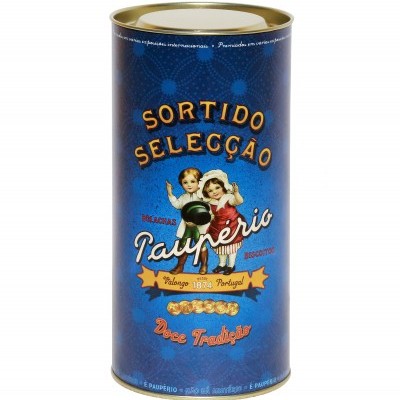 Lata azul de bolachas Paupério com ilustração retro de crianças e texto do produto