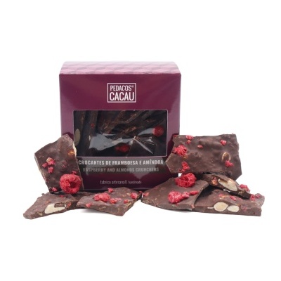 Pedaços de Cacau Crocantes de Framboesa e Amêndoa Fabrico Artesanal