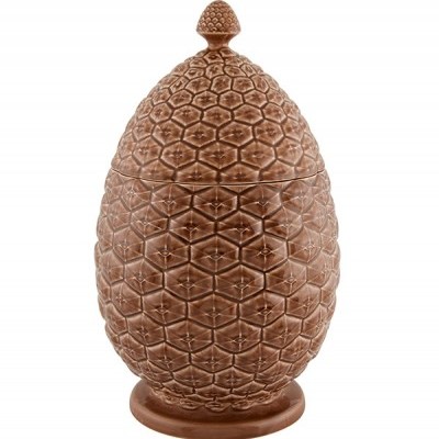 Recipiente em cerâmica castanha em forma de abacaxi com textura hexagonal.