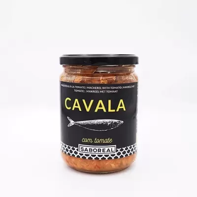 Frasco de cavala com tomate Saboreal com rótulo preto e tampa preta