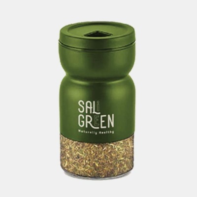 Frasco de especiarias verde e transparente com texto SAL DE GREEN