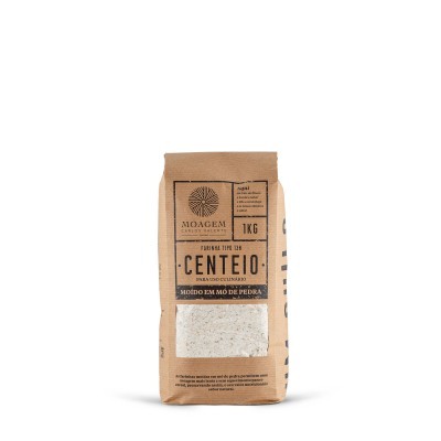 Saco de farinha de centeio com rótulo castanho e transparente