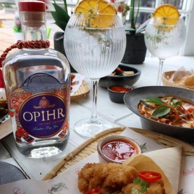 Garrafa de gin OPHŔ com copos de gin tónico e pratos de comida num ambiente de refeição ao ar livre