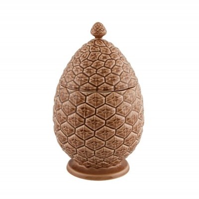 Recipiente cerâmico castanho com padrão geométrico em forma de ovo com tampa
