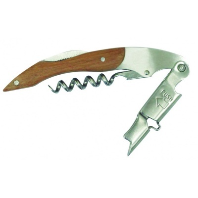 Saca-rolhas metálico com cabo em madeira e abridor de garrafas