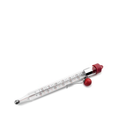 Termómetro de vidro com escala e bola vermelha