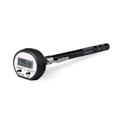 Termómetro digital preto com visor LCD e haste metálica