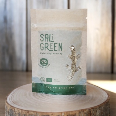 Embalagem de sal Saligreen em saco de papel reciclado com selo Vegan e organic production