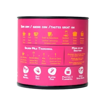 Lata rosa de bebida Golden Milk com texto e ícones informativos