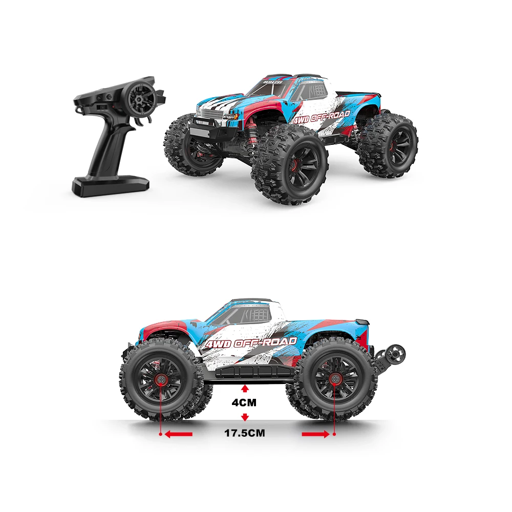 RC MJX 16208 Carro de brinquedo RC todo-o-terreno 4WD azul, branco e vermelho com pneus grandes e comando preto