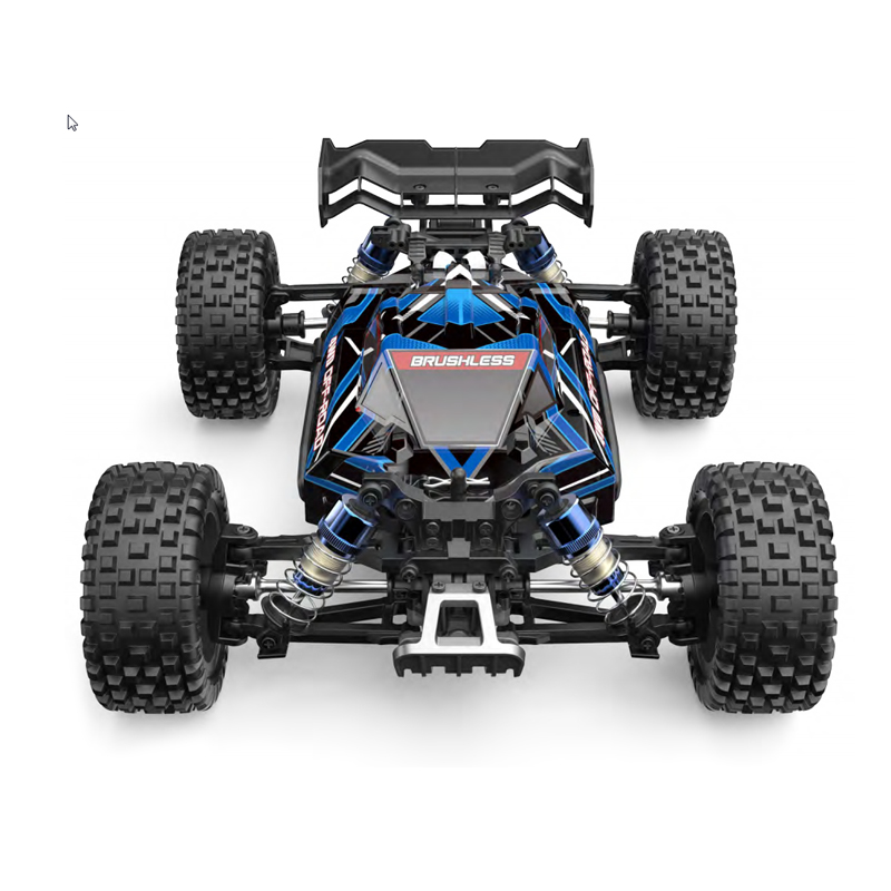 RC MJX 16207 Carro de controlo remoto tipo buggy azul e preto com pneus grandes e suspensão visível