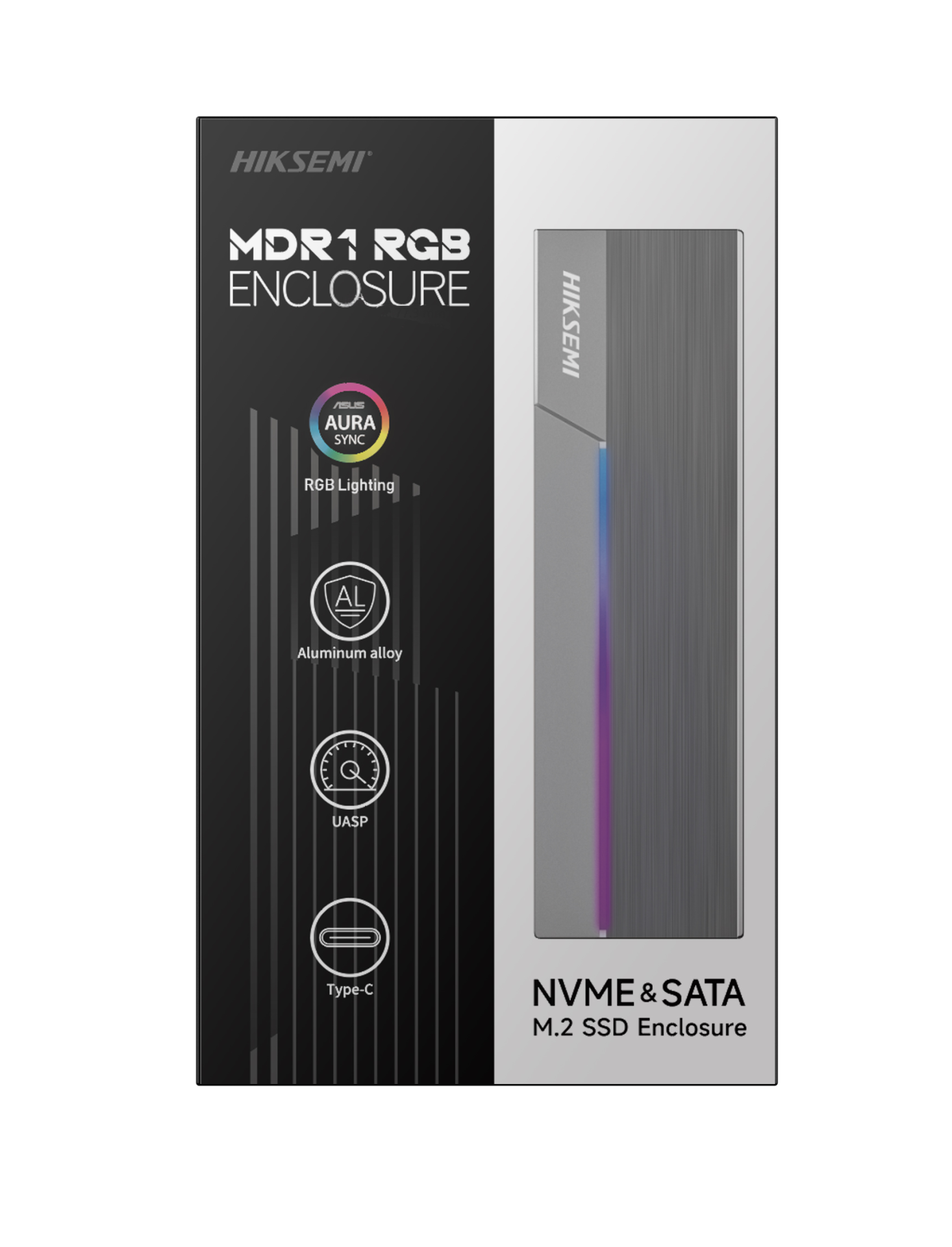ADAPTADOR EXTERNO PARA DISCO SSD HIKSEMI HS-HUB-MDR1 Embalagem do Hiksemi MDR1 RGB Enclosure para NVME e SATA M.2 SSD com iluminação RGB e conector Type-C.