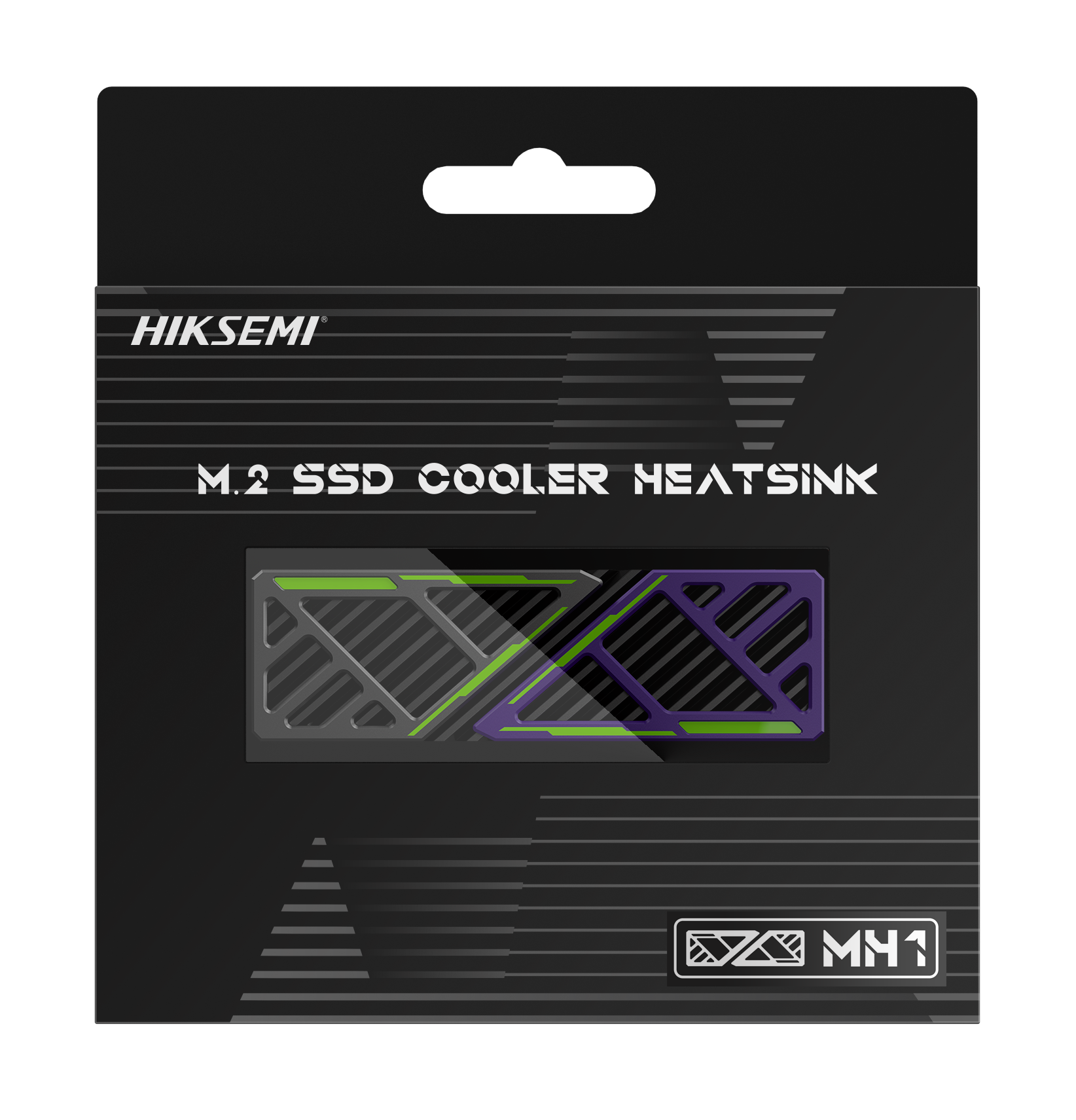 Dissipador NVMe Hiksemi MH1 Embalagem negra com dissipador de calor para M.2 SSD HIKSEMI com detalhes verdes e roxos.