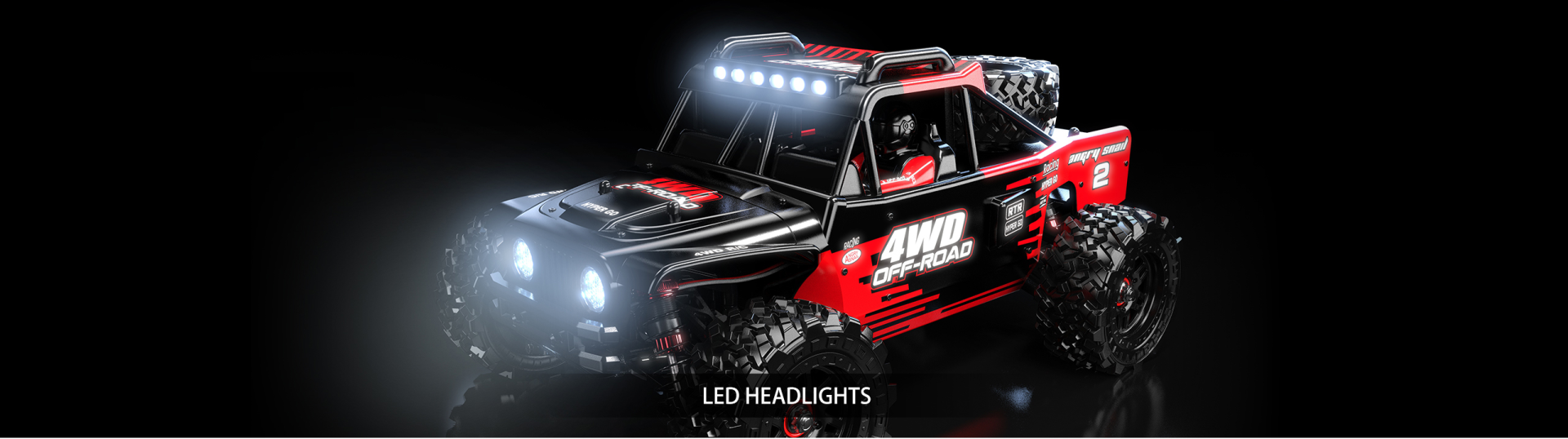 RC MJX 14209 4WD Carro RC off-road preto e vermelho com luzes LED acesas