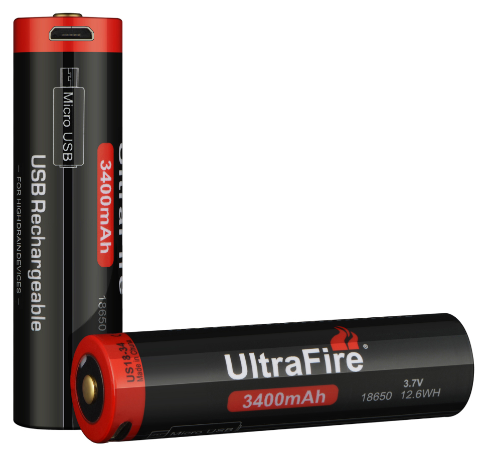 Bateria UltraFire 18650 3400mAh com porta micro USB 100% Original Bateria recarregável UltraFire 18650 preta e vermelha com porta Micro USB