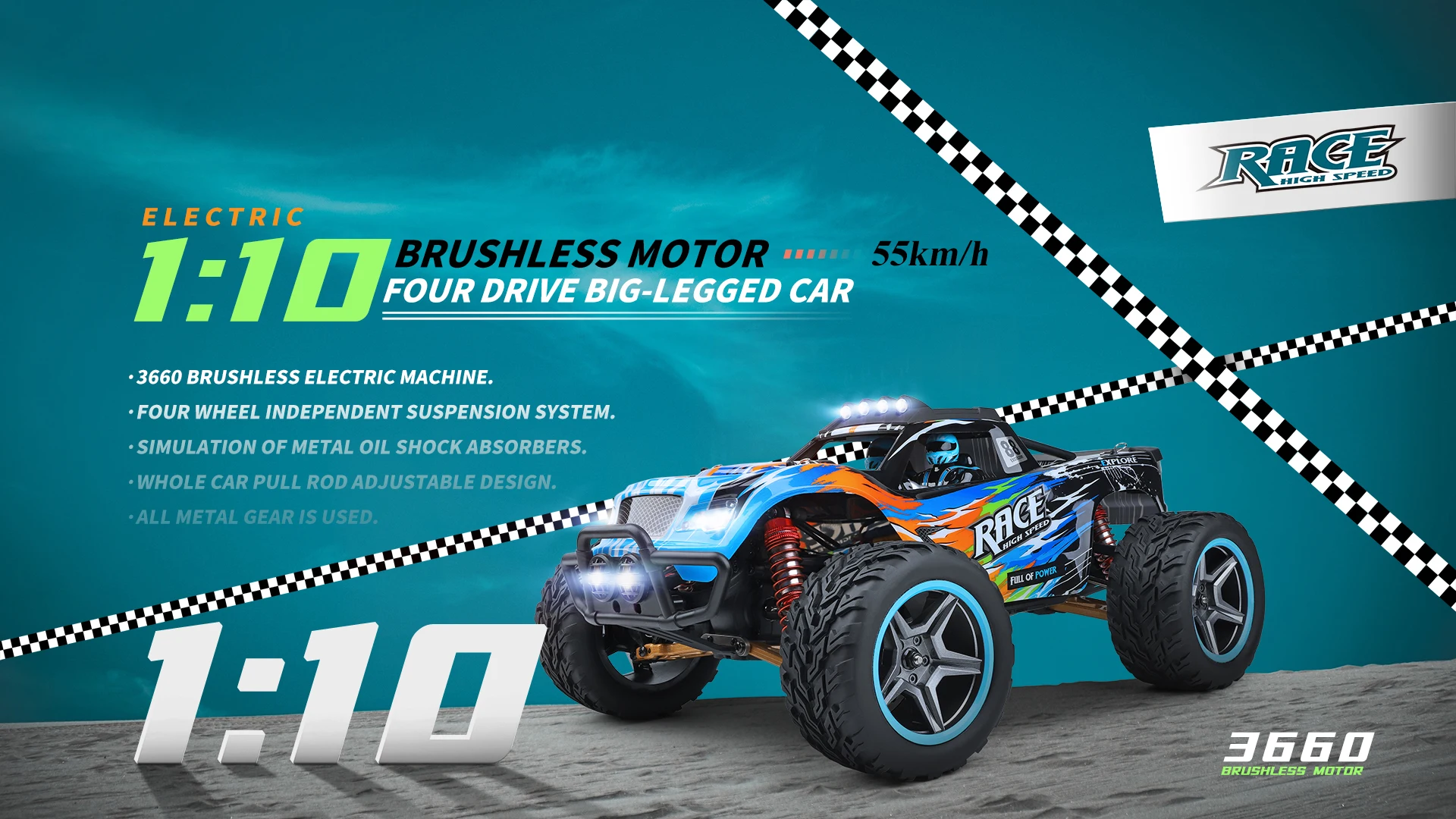 RC WLtoys 1:10 4WD 55Kmh 104018/104019 Carro de controlo remoto elétrico 1:10 azul com detalhes laranja e pretos em superfície cinza e fundo azul com texto e padrão xadrez.