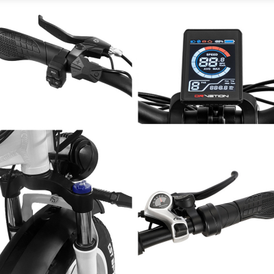 Componentes de bicicleta elétrica com punhos emborrachados, manípulos, visor digital, suspensão e motor elétrico