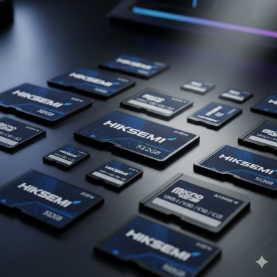 Cartões de memória HIKSEMI preto e azul sobre superfície metálica escura