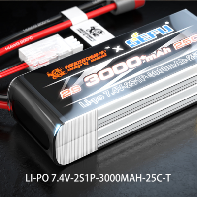 Bateria recarregável Li-po 7.4V 3000mAh 25C com fios vermelho e preto