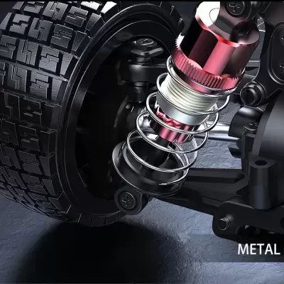 Suspensão automóvel com mola metálica, amortecedor vermelho e pneu preto texturizado