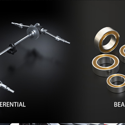 Diferencial metálico e rolamentos sobre fundo preto com texto