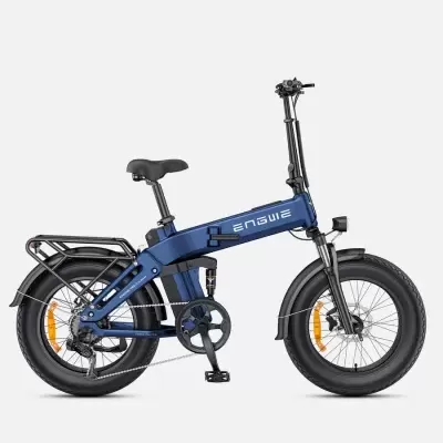 Bicicleta elétrica azul dobrável com selim preto e luz dianteira