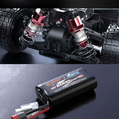Close-up de amortecedores vermelhos e rodas de carrinho RC acima, bateria preta LiPo 2000mAh 7.4V na parte inferior sobre superfície preta