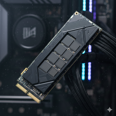 Cartão de memória SSD M.2 negro com dissipador de calor em padrão geométrico