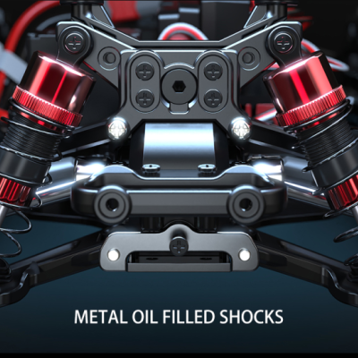 Suspensão de carrinho com amortecedores vermelhos e pneus grossos