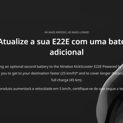 Texto promocional sobre bateria adicional para Ninebot KickScooter E22E com fundo preto e detalhe do patinete cinza escuro
