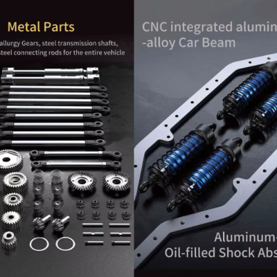 Peças metálicas para veículos, incluindo engrenagens, eixos e amortecedores azuis em estrutura de alumínio