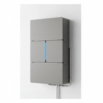 Dispositivo tecnológico cinza com luz azul montado numa parede branca com tubos metálicos