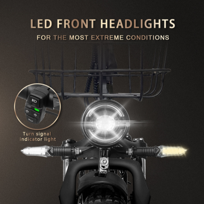 Farol dianteiro LED e setas indicadoras numa bicicleta preta com cesto no guiador