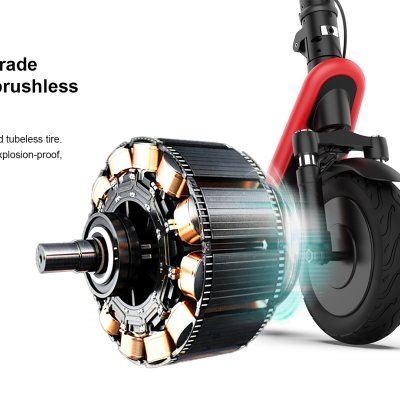 Motor brushless e roda de pneu sem câmara 10 polegadas em preto e vermelho com texto explicativo