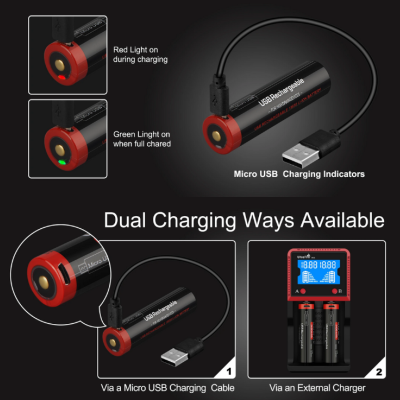 Pilha recarregável USB preta e vermelha com cabo Micro USB e carregador externo com ecrã digital