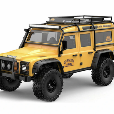 Carrinho de brinquedo amarelo 4WD com pneus grandes e estrutura de bagageira preta