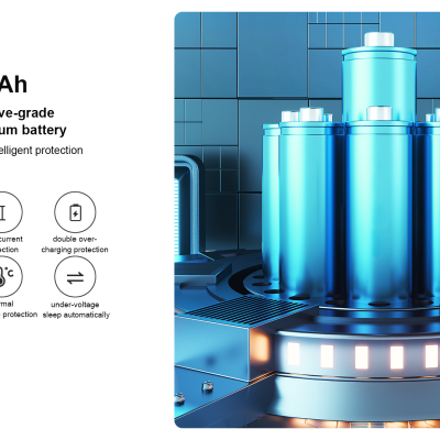 Baterias cilíndricas azuis metálicas com texto e ícones explicativos de proteção