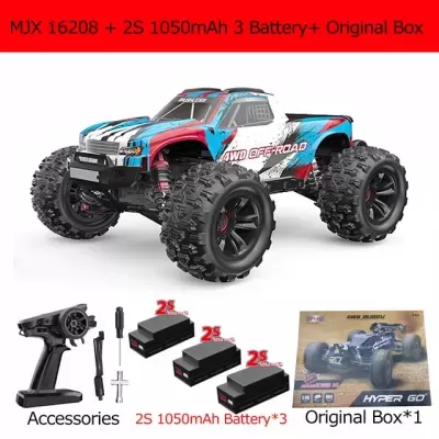 Veículo rc off-road 4WD azul, vermelho e branco com acessórios, baterias e caixa original