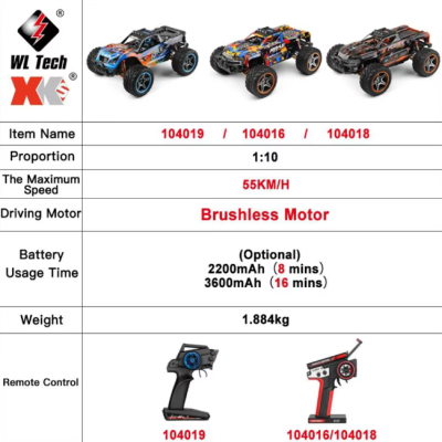 Três carros de controlo remoto WL Tech com comandos e especificações técnicas