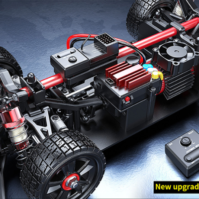Chassi de carro RC com molas vermelhas e controlo à distância preto
